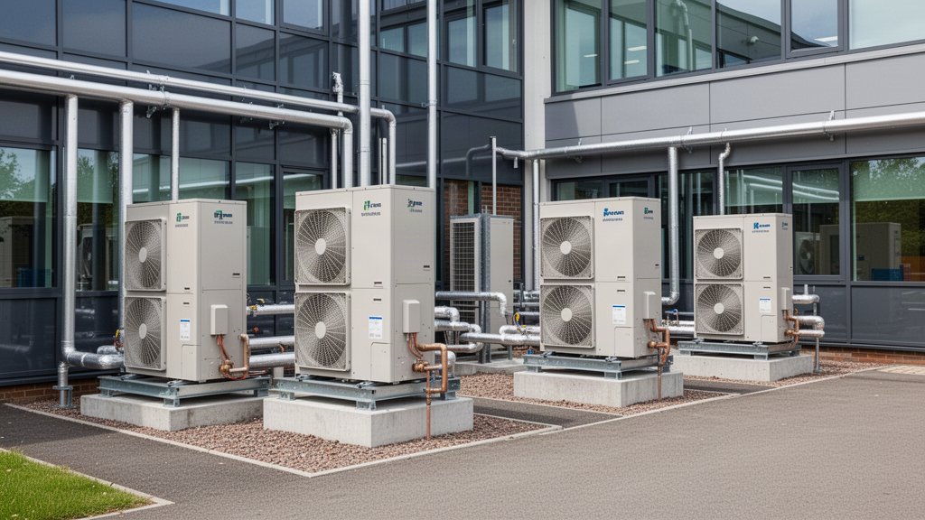 Commercial air source heat pump units installed with clear airflow and service access