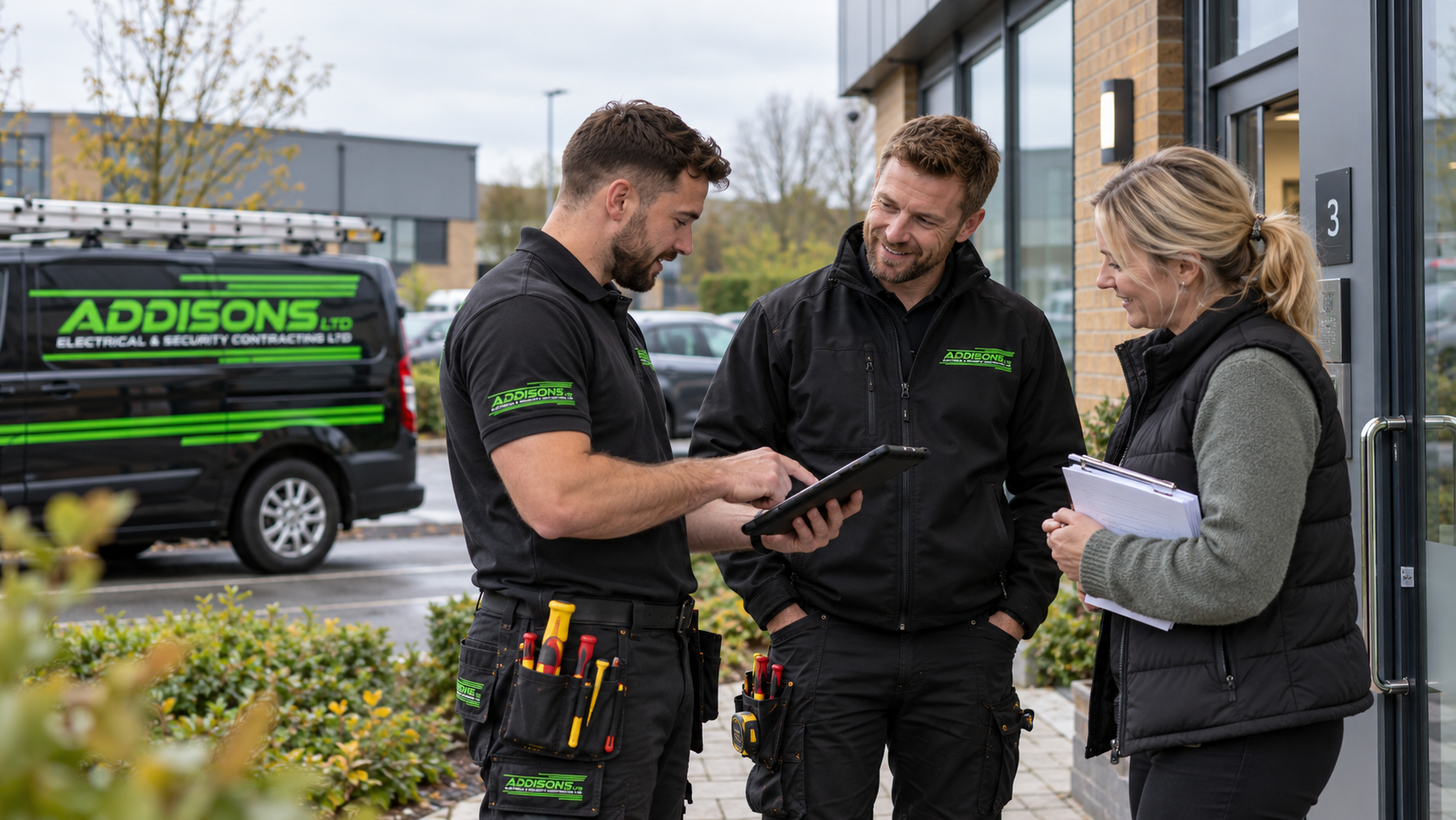Addisons-branded electricians discussing work outside a commercial property